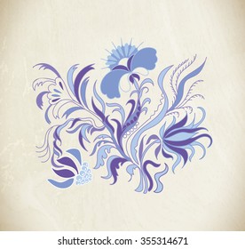 Blue flowers. Hand drawn illustration in folk style. Beautiful  flowers in vintage style. Floral ornament. 