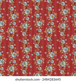 Blue flowers, hand drawn, seamless, vintage style, on a red-pink background. Designed for fabric, fashion, textiles, wallpaper, gift wrap.