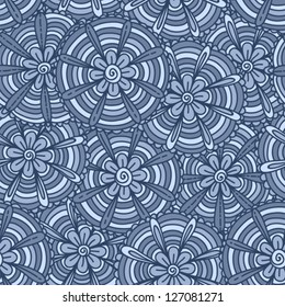 Blue flowers are hand-drawn. Vector seamless background.