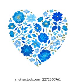 Blue Flowers Heart Shaped Composition Design with Blooming Flora and Twigs Vector Template
