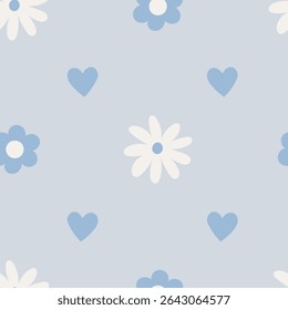 Azul Flores e Corações Padrão Sem Costura. Fundo romântico colorido pastel com flor de margarida e camomila. Simplicidade conceito infantil. Repetir ilustração vetorial