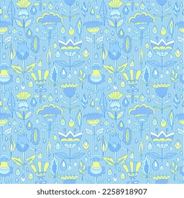 Blaue Blumen und Kräuter. Nahtloser Hintergrund für Stoffe, Textilien, Verpackungen und Tapeten. Wenn Sie ein Trefferprodukt erstellen möchten, ist dieses Muster eine perfekte Wahl. Vektorgrafik