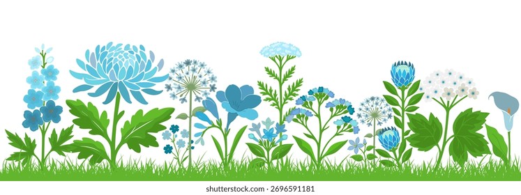 Blue flowers horizontal background grass. Hand drawn. Not AI, vector illustration.