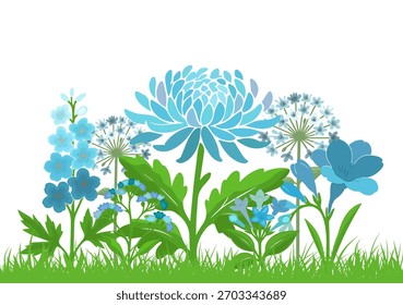 Blaue Blumen, horizontaler Hintergrund, Gras. Handgezeichnet. Nicht AI, Vektorgrafik.