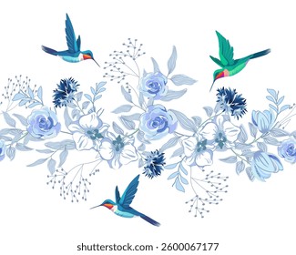 Blue flowers and hummingbirds.Vector seamless pattern with hummingbirds and blue flowers on a white background.