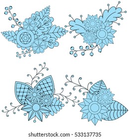 Blue flowers and leaves. Floral bouquets. Vector illustration.