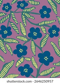 Blue flowers with leaves on purple background for branding, fabric print, wallpaper, social media post, doodle, notes, book covers, wall decor.