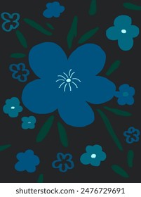 Blue flowers and leaves patterns on black background for web banner, branding package, fabric print, wallpaper, social media post, doodle, notes, book covers, wall decor.