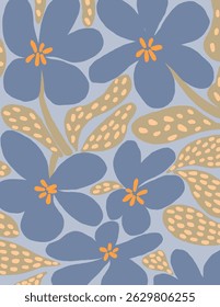 Blue flowers and leaves patterns on blue background for web banner, branding package, fabric print, wallpaper, social media post, doodle, notes, book covers, wall decor.