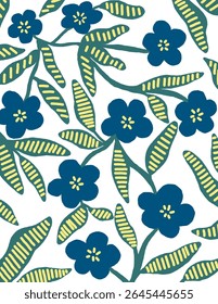 Blue flowers with leaves patterns on white background for branding, fabric print, wallpaper, social media post, doodle, notes, book covers, wall decor.