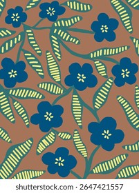 Blue flowers and leaves patterns on orange background for web banner, branding package, fabric print, wallpaper, social media post, doodle, notes, book covers, wall decor.