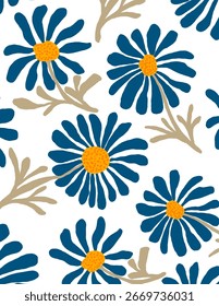 Flores azules y patrones de hojas sobre fondo blanco para el Anuncio de Web, paquete de marca, impresión de tela, Fondo de pantalla, publicación de redes sociales, doodle, notas, cubiertas de libros, decoración de la pared.