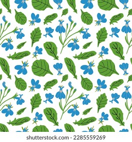 Blue flowers and leaves seamless pattern. Garden flowers vector illustration.