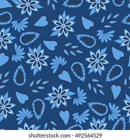 Blue flowers and leaves. Seamless pattern. Vector illustration.