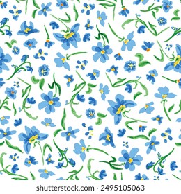 Blue flowers with leaves seamless repeat pattern on white background. Random placed, vector hand drawn botanic aop, all over surface print.