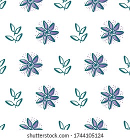 Blue flowers and leaves seamless vector pattern background. Painterly blooms foliage with offset color on fresh white backdrop.  
