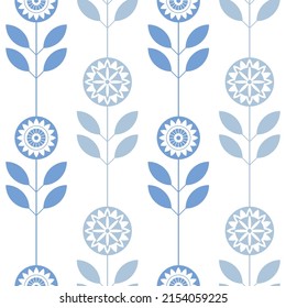 Blue flowers and leaves vector seamless pattern on white background. Floral graphic ornament wallpaper. Abstract geometric backdrop. Template for print, design, banner or card.