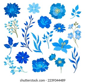 Blue Flowers with Lush Petals and Stem Big Vector Set