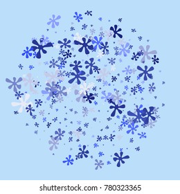 Blue flowers on a blue background. Abstraction with flowers. Blue confetti. Blue flowers. Spring. A scattering of confetti. Placer from the flowers.