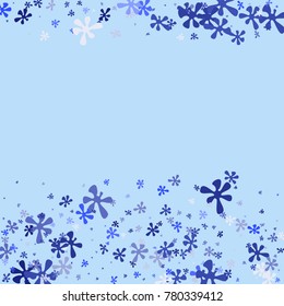 Blue flowers on a blue background. Abstraction with flowers. Blue confetti. Blue flowers. Spring. A scattering of confetti. Placer from the flowers.