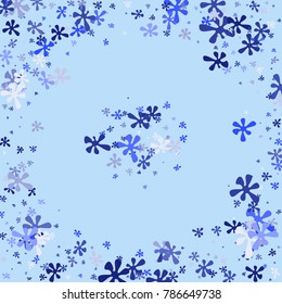 Blue flowers on a blue background. Abstraction with flowers. Blue confetti. Spring. A scattering of confetti. Placer from the flowers.