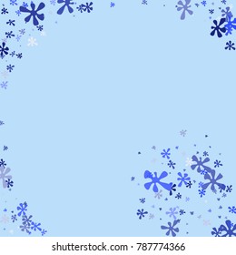 Blue flowers on a blue background. Abstraction with flowers. Blue confetti. Blue flowers. Spring. A scattering of confetti. Placer from the flowers.