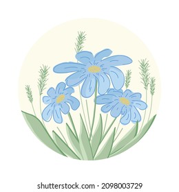 Blue flowers on a beige background with grass around. Spring or summer design. Can be used as an icon or background for Instagram Highlights. Vector design.