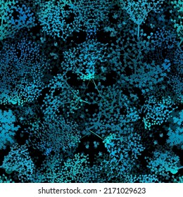 Blue flowers on a black background. Seamless background. Vector illustration . texture trend print for textiles and wallpaper.