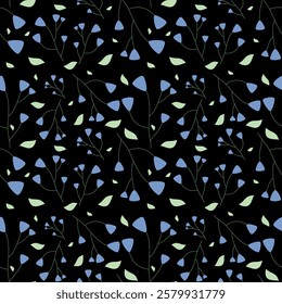 Blue flowers on black background, fabric pattern, gift wrapping paper, notebook cover, phone case , seamless pattern 