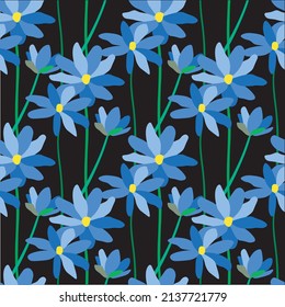 Blue flowers on bleck seamless pattern colorful stock vector illustration for web, for print, for coloring book