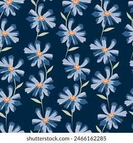 Blue flowers on dark blue background. Seamless floral vector pattern.