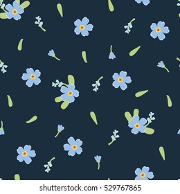 Blue flowers on a dark background. forget-me-not. Small  floral. graphic print