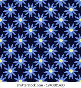 Flores azules sobre un fondo oscuro.Patrón para tela, textil, material, papel pintado, joyería, postales, cerámica.pegatinas, curbs, tarjetas de visita, sitios web.