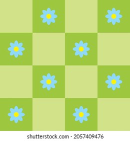 Flores azules sobre fondo verde, patrón de cuadros verdes, papel pintado, ilustración vectorial.