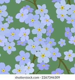 Flores azules en un fondo verde. Patrón vectorial sin cable. Buen patrón de primavera.