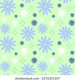Blue flowers on green background , Fabric pattern , Wrapping paper pattern , Notebook cover , seamless pattern 