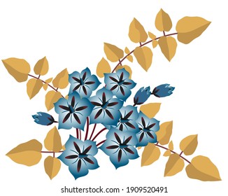 Flores azules sobre tallos con hojas marrones. Ilustración del vector