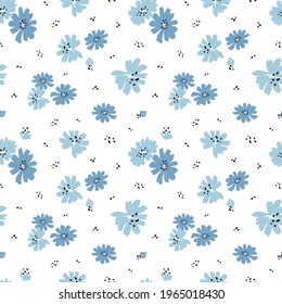 Blue flowers on a white background. Seamless pattern with floral elements. Background for wallpaper, textile, postcards, wrapping, etc. Vector illustrations.