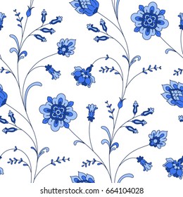 Blue flowers on white background. Seamless pattern for your design
