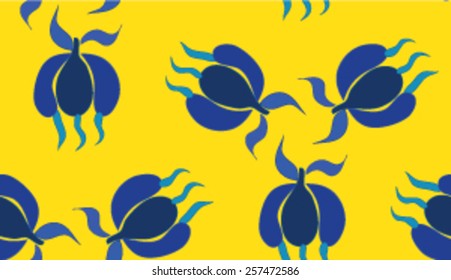 Blue flowers on a yellow background colorful pattern. Floral background.