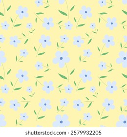 Blue flowers on yellow background, fabric pattern, gift wrapping paper, notebook cover, phone case , seamless pattern 