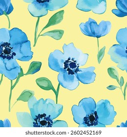 Blue flowers on yellow background, watercolor flower seamless pattern. Watercolor print in rustic vintage style, textile or wallpaper.  