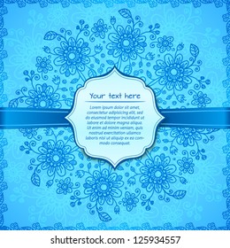 Blue flowers ornate vector background with ribbon and vintage label