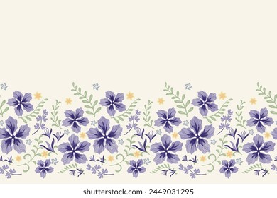 Blue Flowers pattern seamless embroidery background border. Vintage Flower motif with leaves Vintage minimal style vector illustration. Hand drawn