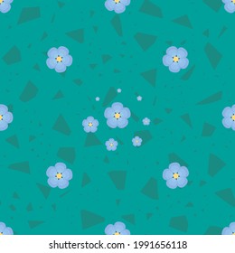 Patrón de flores azules. Patrón floral azul transparente de nomeolvides con formas geométricas sobre un fondo verde.  Interminable adorno para textiles y diseños, ropa de bebé o ropa de cama. Vector 