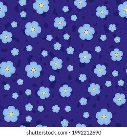 Blue flowers pattern. Seamless blue floral pattern from Forget-me-nots with geometric shapes on a blue background. Endless ornament for textiles and designs, baby clothes or bedding. Vector 