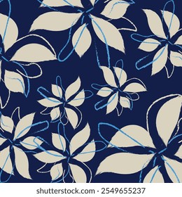 A blue Flowers patterns, texture vector with seamless pattern, dark blue textile art, hand-draw style background vibrant colors, fashion artwork for Fabric print.