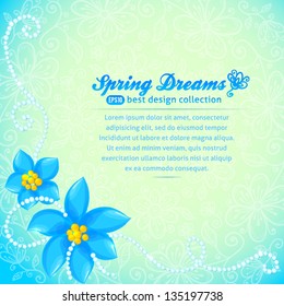 Blue flowers and pearls vector background