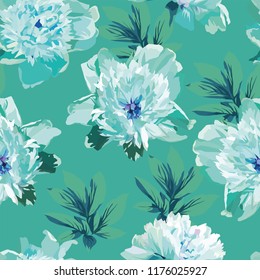 Blue flowers peonies abstract color seamless pattern mint background