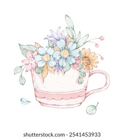 The blue flowers are placed in a pink teacup